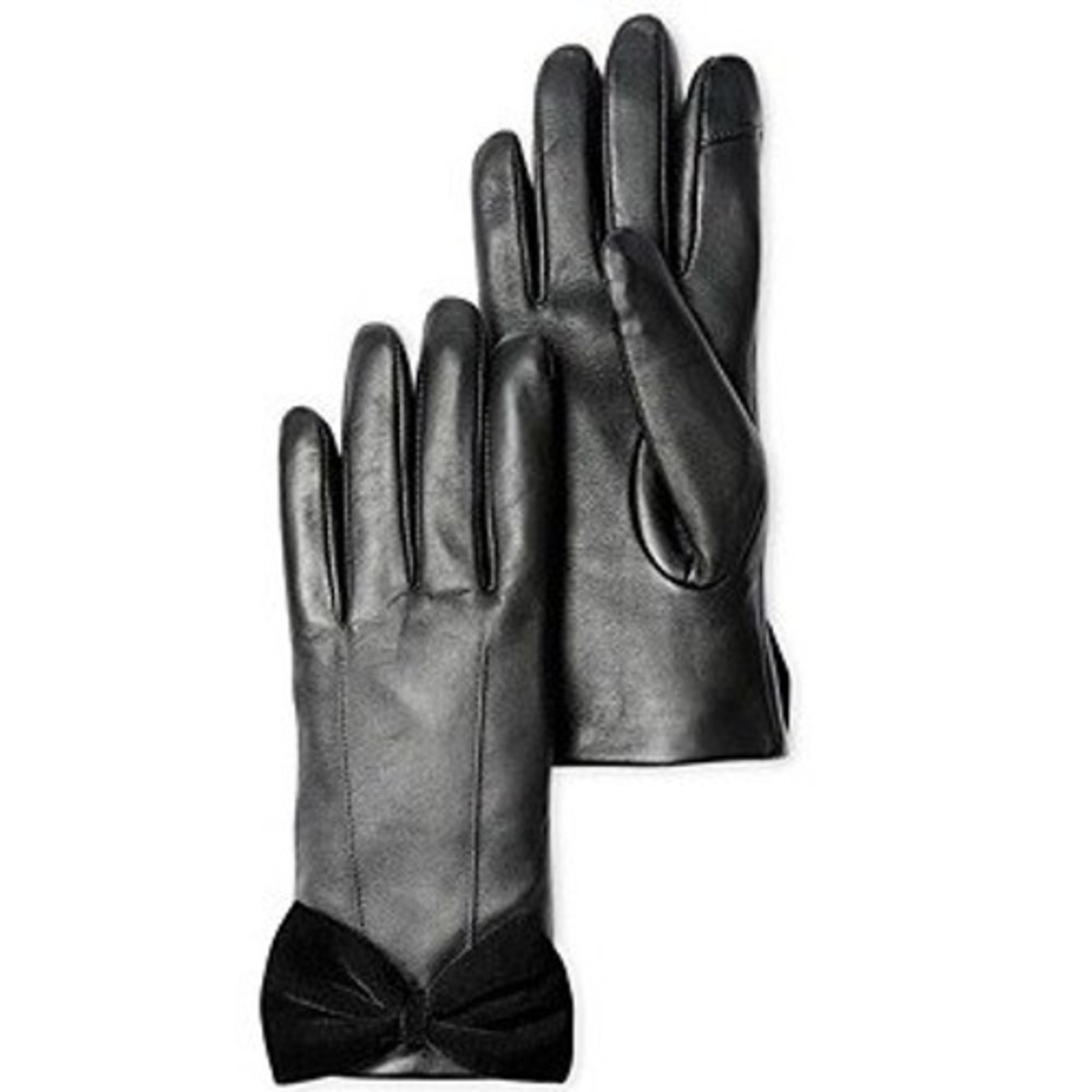 AQUA Women Leather Gloves Small Black Velvet Bow Detail Touch‎ Screen Edgy Moto
